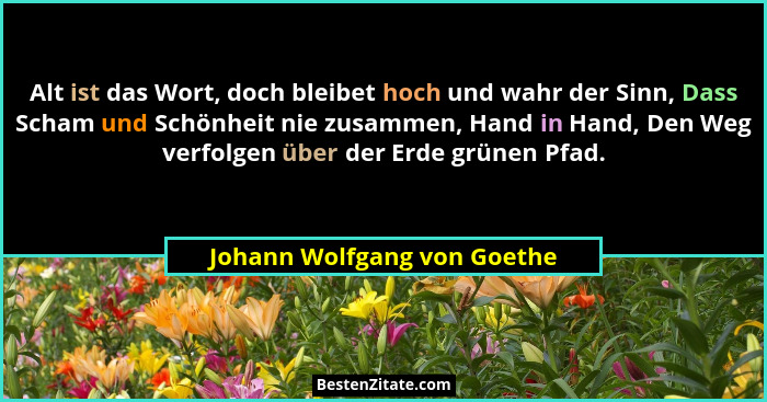 Alt ist das Wort, doch bleibet hoch und wahr der Sinn, Dass Scham und Schönheit nie zusammen, Hand in Hand, Den Weg verfo... - Johann Wolfgang von Goethe
