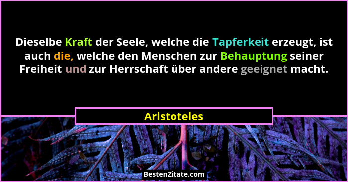 Dieselbe Kraft der Seele, welche die Tapferkeit erzeugt, ist auch die, welche den Menschen zur Behauptung seiner Freiheit und zur Herrsc... - Aristoteles