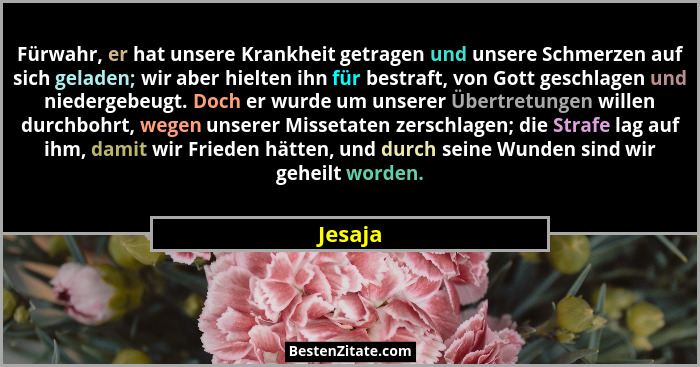 Fürwahr, er hat unsere Krankheit getragen und unsere Schmerzen auf sich geladen; wir aber hielten ihn für bestraft, von Gott geschlagen und n... - Jesaja