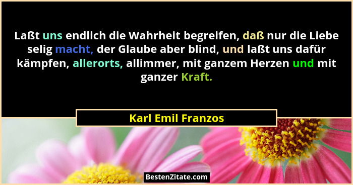 Laßt uns endlich die Wahrheit begreifen, daß nur die Liebe selig macht, der Glaube aber blind, und laßt uns dafür kämpfen, alleror... - Karl Emil Franzos