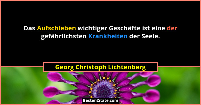 Das Aufschieben wichtiger Geschäfte ist eine der gefährlichsten Krankheiten der Seele.... - Georg Christoph Lichtenberg