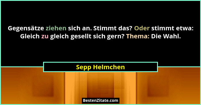 Gegensätze ziehen sich an. Stimmt das? Oder stimmt etwa: Gleich zu gleich gesellt sich gern? Thema: Die Wahl.... - Sepp Helmchen