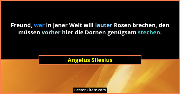 Freund, wer in jener Welt will lauter Rosen brechen, den müssen vorher hier die Dornen genügsam stechen.... - Angelus Silesius