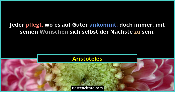 Jeder pflegt, wo es auf Güter ankommt, doch immer, mit seinen Wünschen sich selbst der Nächste zu sein.... - Aristoteles