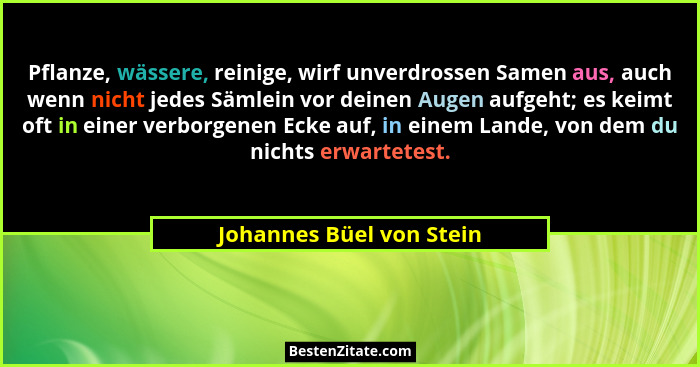 Pflanze, wässere, reinige, wirf unverdrossen Samen aus, auch wenn nicht jedes Sämlein vor deinen Augen aufgeht; es keimt oft... - Johannes Büel von Stein