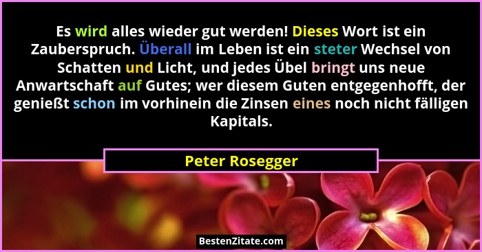 Es wird alles wieder gut werden! Dieses Wort ist ein Zauberspruch. Überall im Leben ist ein steter Wechsel von Schatten und Licht, un... - Peter Rosegger