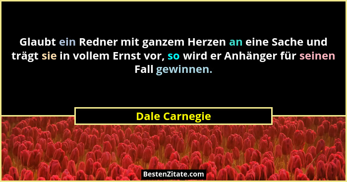 Glaubt ein Redner mit ganzem Herzen an eine Sache und trägt sie in vollem Ernst vor, so wird er Anhänger für seinen Fall gewinnen.... - Dale Carnegie
