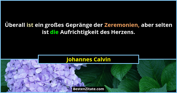 Überall ist ein großes Gepränge der Zeremonien, aber selten ist die Aufrichtigkeit des Herzens.... - Johannes Calvin