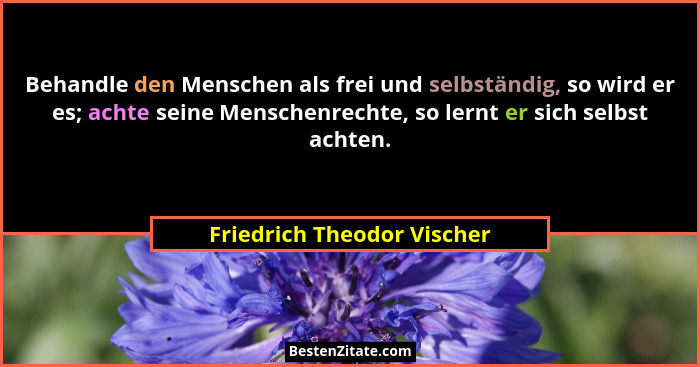 Behandle den Menschen als frei und selbständig, so wird er es; achte seine Menschenrechte, so lernt er sich selbst achten.... - Friedrich Theodor Vischer