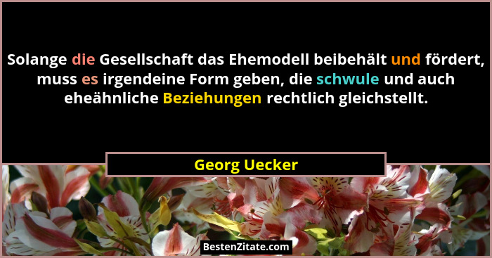 Solange die Gesellschaft das Ehemodell beibehält und fördert, muss es irgendeine Form geben, die schwule und auch eheähnliche Beziehung... - Georg Uecker
