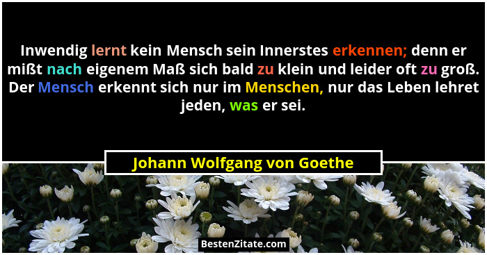 Inwendig lernt kein Mensch sein Innerstes erkennen; denn er mißt nach eigenem Maß sich bald zu klein und leider oft zu gr... - Johann Wolfgang von Goethe