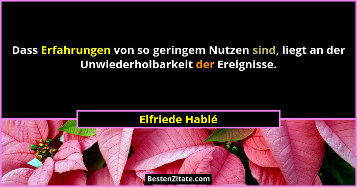 Dass Erfahrungen von so geringem Nutzen sind, liegt an der Unwiederholbarkeit der Ereignisse.... - Elfriede Hablé