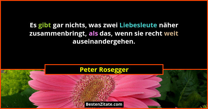 Es gibt gar nichts, was zwei Liebesleute näher zusammenbringt, als das, wenn sie recht weit auseinandergehen.... - Peter Rosegger