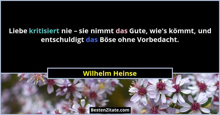 Liebe kritisiert nie – sie nimmt das Gute, wie's kömmt, und entschuldigt das Böse ohne Vorbedacht.... - Wilhelm Heinse