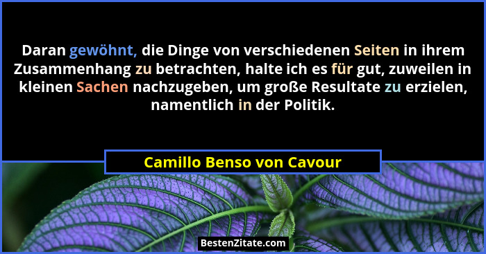 Daran gewöhnt, die Dinge von verschiedenen Seiten in ihrem Zusammenhang zu betrachten, halte ich es für gut, zuweilen in kl... - Camillo Benso von Cavour