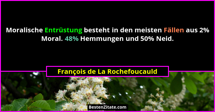 Moralische Entrüstung besteht in den meisten Fällen aus 2% Moral. 48% Hemmungen und 50% Neid.... - François de La Rochefoucauld