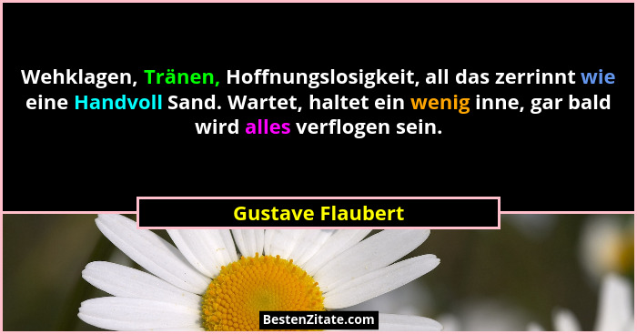 Wehklagen, Tränen, Hoffnungslosigkeit, all das zerrinnt wie eine Handvoll Sand. Wartet, haltet ein wenig inne, gar bald wird alles... - Gustave Flaubert