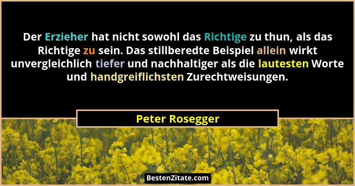 Der Erzieher hat nicht sowohl das Richtige zu thun, als das Richtige zu sein. Das stillberedte Beispiel allein wirkt unvergleichlich... - Peter Rosegger