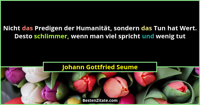 Nicht das Predigen der Humanität, sondern das Tun hat Wert. Desto schlimmer, wenn man viel spricht und wenig tut... - Johann Gottfried Seume