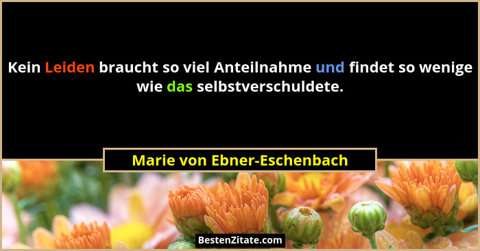 Kein Leiden braucht so viel Anteilnahme und findet so wenige wie das selbstverschuldete.... - Marie von Ebner-Eschenbach