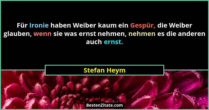 Für Ironie haben Weiber kaum ein Gespür, die Weiber glauben, wenn sie was ernst nehmen, nehmen es die anderen auch ernst.... - Stefan Heym