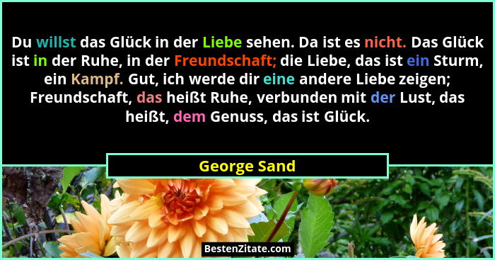 Du willst das Glück in der Liebe sehen. Da ist es nicht. Das Glück ist in der Ruhe, in der Freundschaft; die Liebe, das ist ein Sturm, e... - George Sand