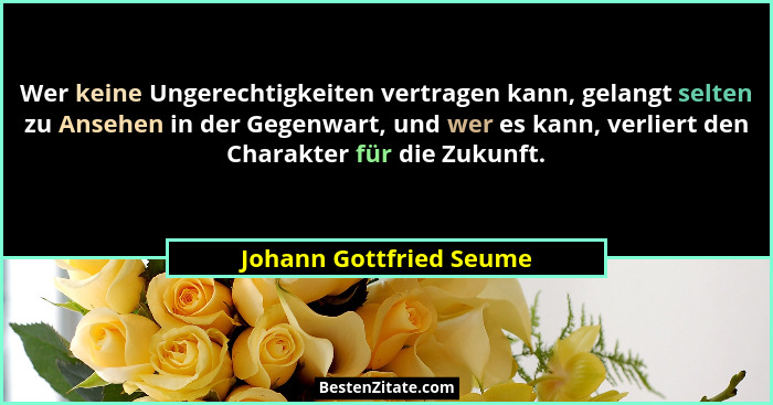 Wer keine Ungerechtigkeiten vertragen kann, gelangt selten zu Ansehen in der Gegenwart, und wer es kann, verliert den Charakt... - Johann Gottfried Seume