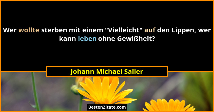 Wer wollte sterben mit einem "Vielleicht" auf den Lippen, wer kann leben ohne Gewißheit?... - Johann Michael Sailer