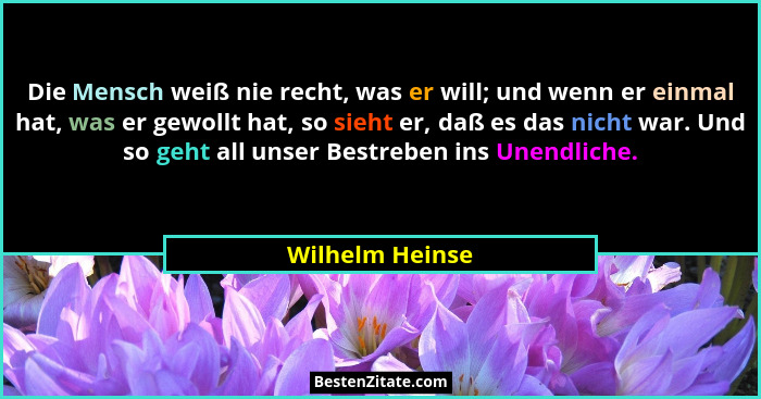 Die Mensch weiß nie recht, was er will; und wenn er einmal hat, was er gewollt hat, so sieht er, daß es das nicht war. Und so geht al... - Wilhelm Heinse