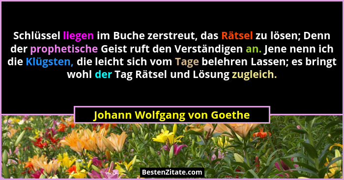 Schlüssel liegen im Buche zerstreut, das Rätsel zu lösen; Denn der prophetische Geist ruft den Verständigen an. Jene nenn... - Johann Wolfgang von Goethe