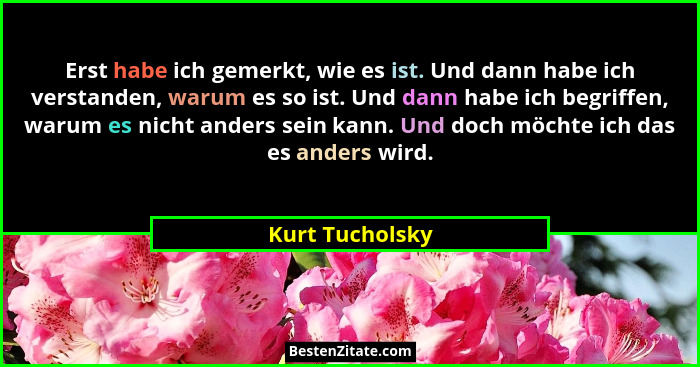 Erst habe ich gemerkt, wie es ist. Und dann habe ich verstanden, warum es so ist. Und dann habe ich begriffen, warum es nicht anders... - Kurt Tucholsky