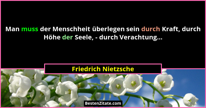 Man muss der Menschheit überlegen sein durch Kraft, durch Höhe der Seele, - durch Verachtung...... - Friedrich Nietzsche