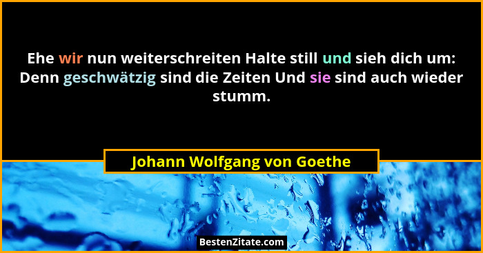 Ehe wir nun weiterschreiten Halte still und sieh dich um: Denn geschwätzig sind die Zeiten Und sie sind auch wieder stumm... - Johann Wolfgang von Goethe