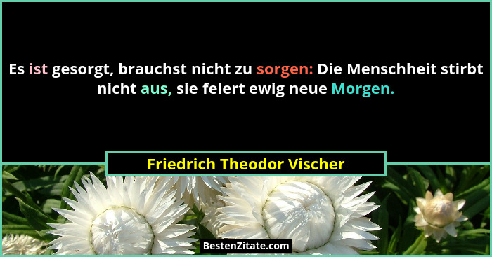 Es ist gesorgt, brauchst nicht zu sorgen: Die Menschheit stirbt nicht aus, sie feiert ewig neue Morgen.... - Friedrich Theodor Vischer