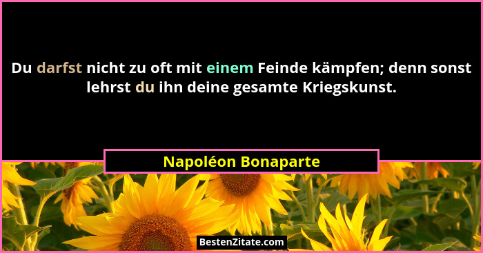 Du darfst nicht zu oft mit einem Feinde kämpfen; denn sonst lehrst du ihn deine gesamte Kriegskunst.... - Napoléon Bonaparte