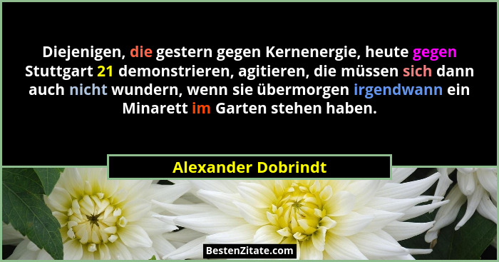 Diejenigen, die gestern gegen Kernenergie, heute gegen Stuttgart 21 demonstrieren, agitieren, die müssen sich dann auch nicht wun... - Alexander Dobrindt