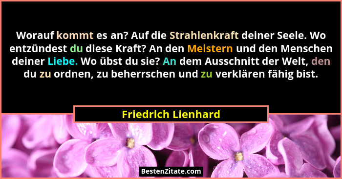 Worauf kommt es an? Auf die Strahlenkraft deiner Seele. Wo entzündest du diese Kraft? An den Meistern und den Menschen deiner Lie... - Friedrich Lienhard