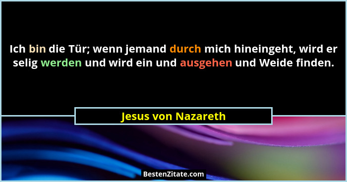 Ich bin die Tür; wenn jemand durch mich hineingeht, wird er selig werden und wird ein und ausgehen und Weide finden.... - Jesus von Nazareth