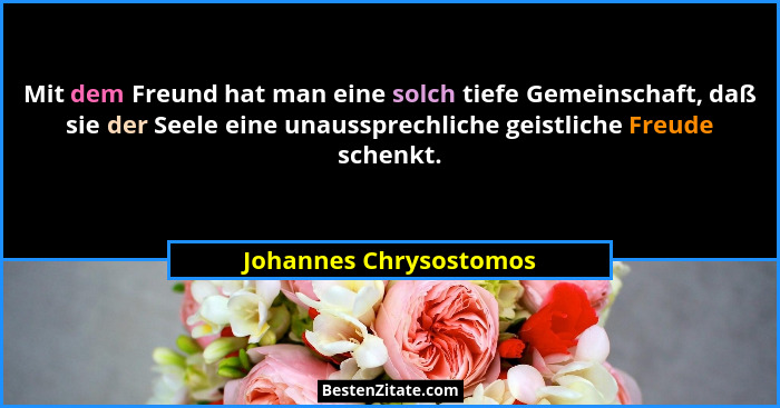Mit dem Freund hat man eine solch tiefe Gemeinschaft, daß sie der Seele eine unaussprechliche geistliche Freude schenkt.... - Johannes Chrysostomos