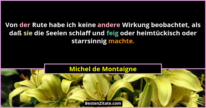 Von der Rute habe ich keine andere Wirkung beobachtet, als daß sie die Seelen schlaff und feig oder heimtückisch oder starrsinni... - Michel de Montaigne