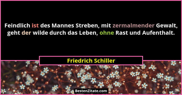 Feindlich ist des Mannes Streben, mit zermalmender Gewalt, geht der wilde durch das Leben, ohne Rast und Aufenthalt.... - Friedrich Schiller