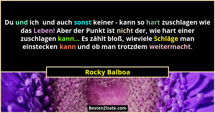 Du und ich  und auch sonst keiner - kann so hart zuschlagen wie das Leben! Aber der Punkt ist nicht der, wie hart einer zuschlagen kann... - Rocky Balboa