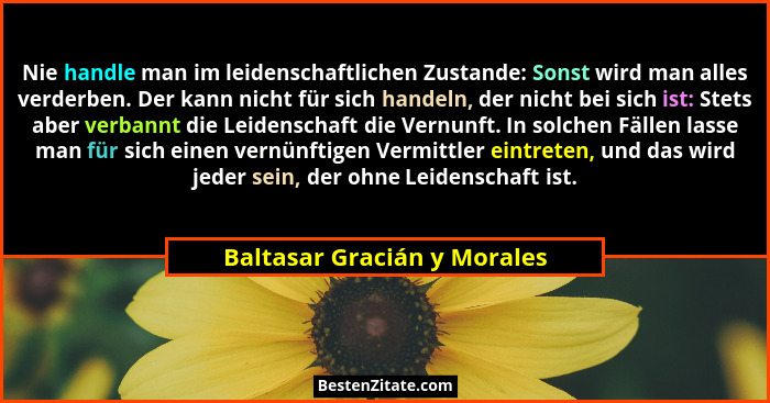 Nie handle man im leidenschaftlichen Zustande: Sonst wird man alles verderben. Der kann nicht für sich handeln, der nicht... - Baltasar Gracián y Morales