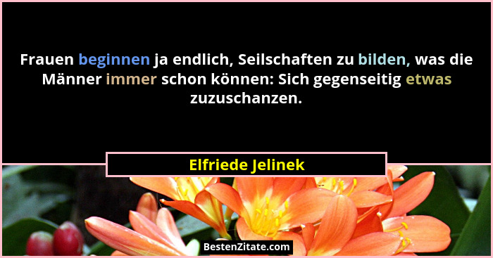 Frauen beginnen ja endlich, Seilschaften zu bilden, was die Männer immer schon können: Sich gegenseitig etwas zuzuschanzen.... - Elfriede Jelinek