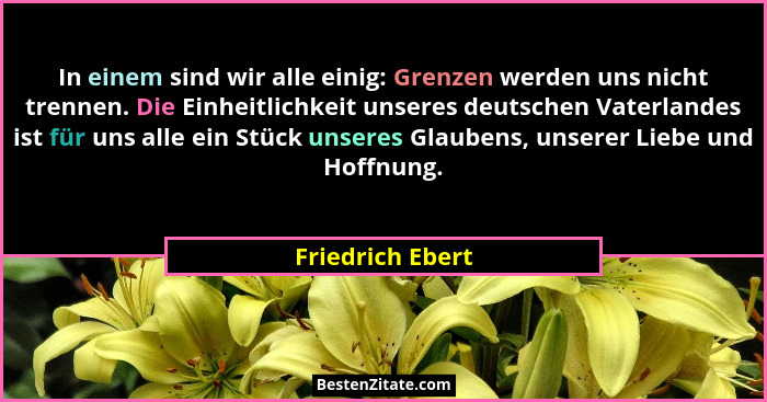 In einem sind wir alle einig: Grenzen werden uns nicht trennen. Die Einheitlichkeit unseres deutschen Vaterlandes ist für uns alle e... - Friedrich Ebert