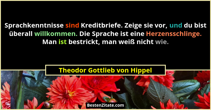Sprachkenntnisse sind Kreditbriefe. Zeige sie vor, und du bist überall willkommen. Die Sprache ist eine Herzensschlinge.... - Theodor Gottlieb von Hippel