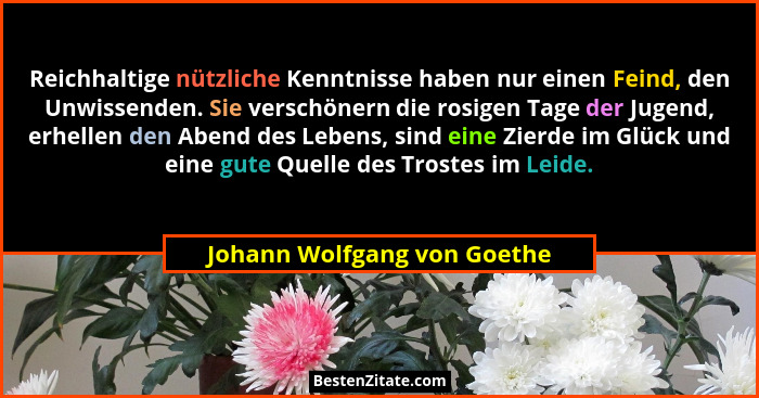 Reichhaltige nützliche Kenntnisse haben nur einen Feind, den Unwissenden. Sie verschönern die rosigen Tage der Jugend, er... - Johann Wolfgang von Goethe