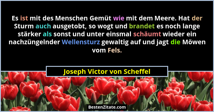 Es ist mit des Menschen Gemüt wie mit dem Meere. Hat der Sturm auch ausgetobt, so wogt und brandet es noch lange stärker... - Joseph Victor von Scheffel