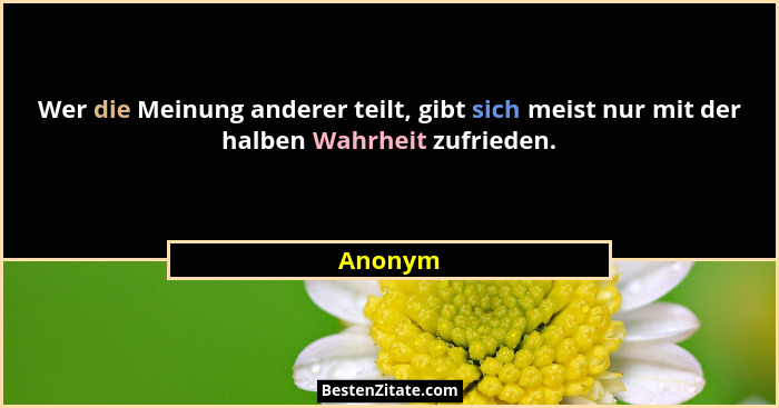 Wer die Meinung anderer teilt, gibt sich meist nur mit der halben Wahrheit zufrieden.... - Anonym