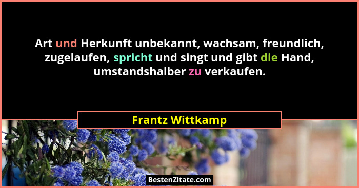 Art und Herkunft unbekannt, wachsam, freundlich, zugelaufen, spricht und singt und gibt die Hand, umstandshalber zu verkaufen.... - Frantz Wittkamp